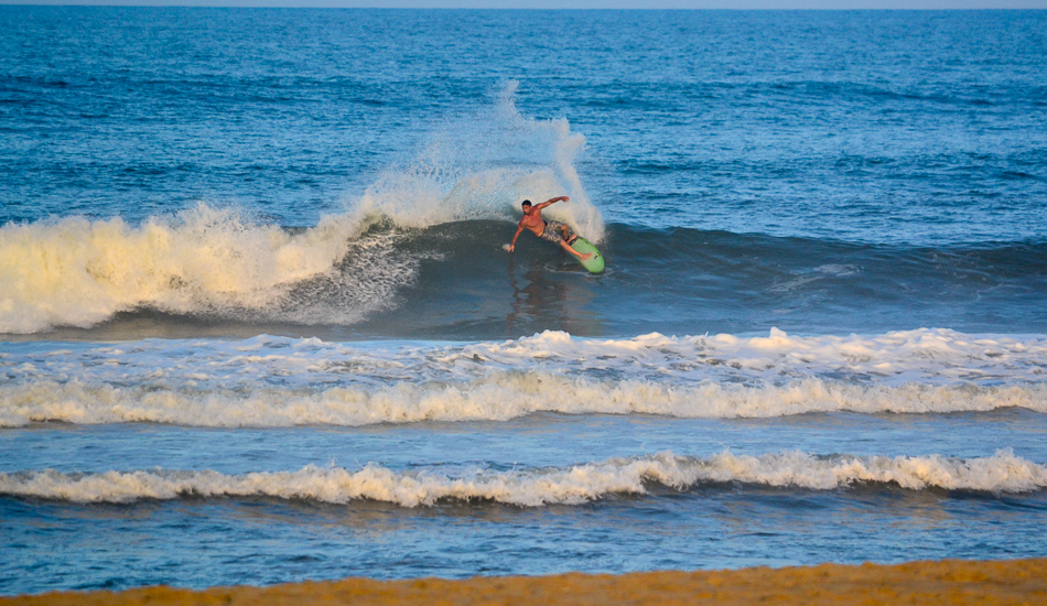 Matt Beacham grew up on the Outer Banks, left for a period of time and has recently returned. He\'s a super nice guy who has a a mean cutback and a lot of skill in the barrel. Late afternoon session during the beginnings of the swell from Tropical Storm Leslie in September 2012.